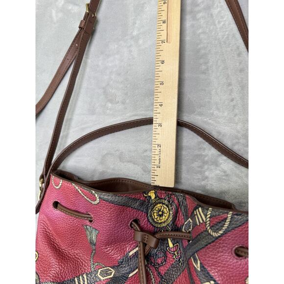 Talbots Leather Bucket Bag Womens Brown Red Equestrian Print Drawstring Shoulder - Picture 13 of 15